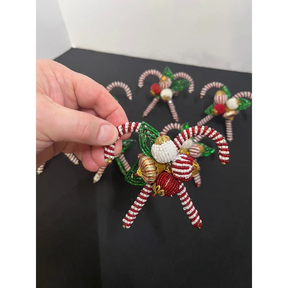 Vintage Christmas Beaded Candy Cane Napkin Rings Set of 6 Red White Green Holly